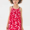 Abito in maglia per bambina con motivo floreale in rosso e bianco.