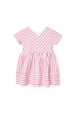 Abito in maglia per bambina con stampa a righe rosa e bianco