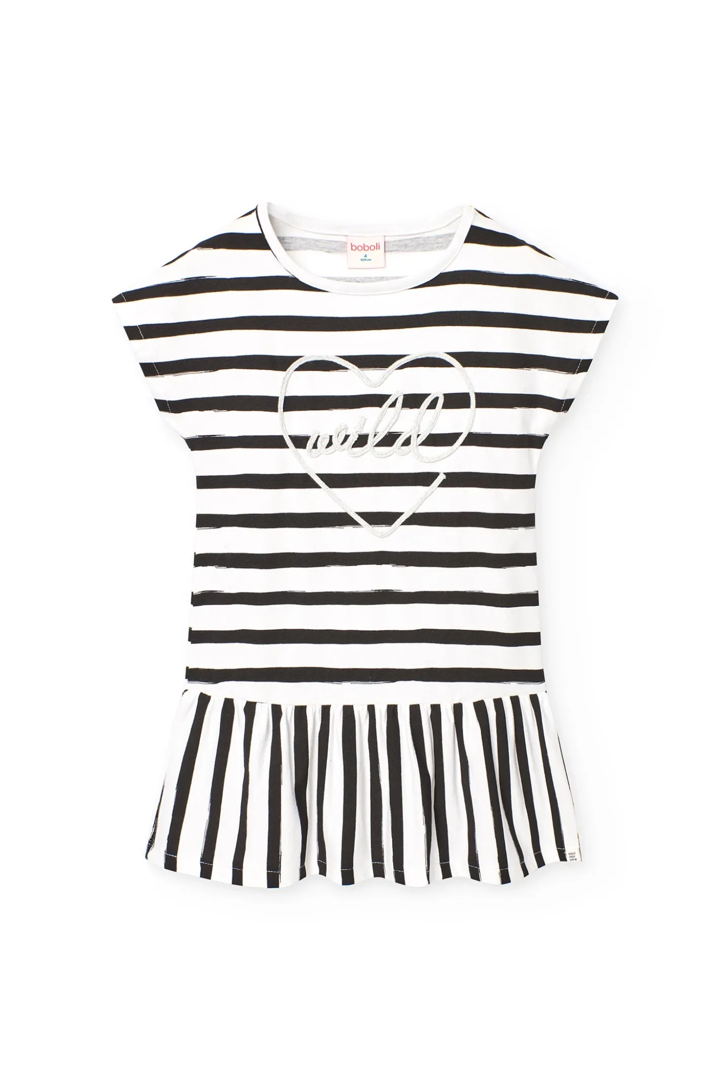 Abito in maglia per bambina con design a righe in bianco e nero.