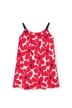 Abito in maglia per bambina con motivo floreale in rosso e bianco.