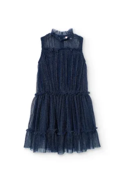 Abito in tulle plissettato per bambina in colore blu marino