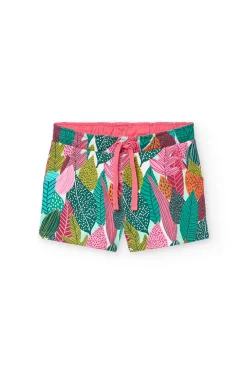 Bermuda a maglia per bambina con stampa di foglie in colore verde e rosa
