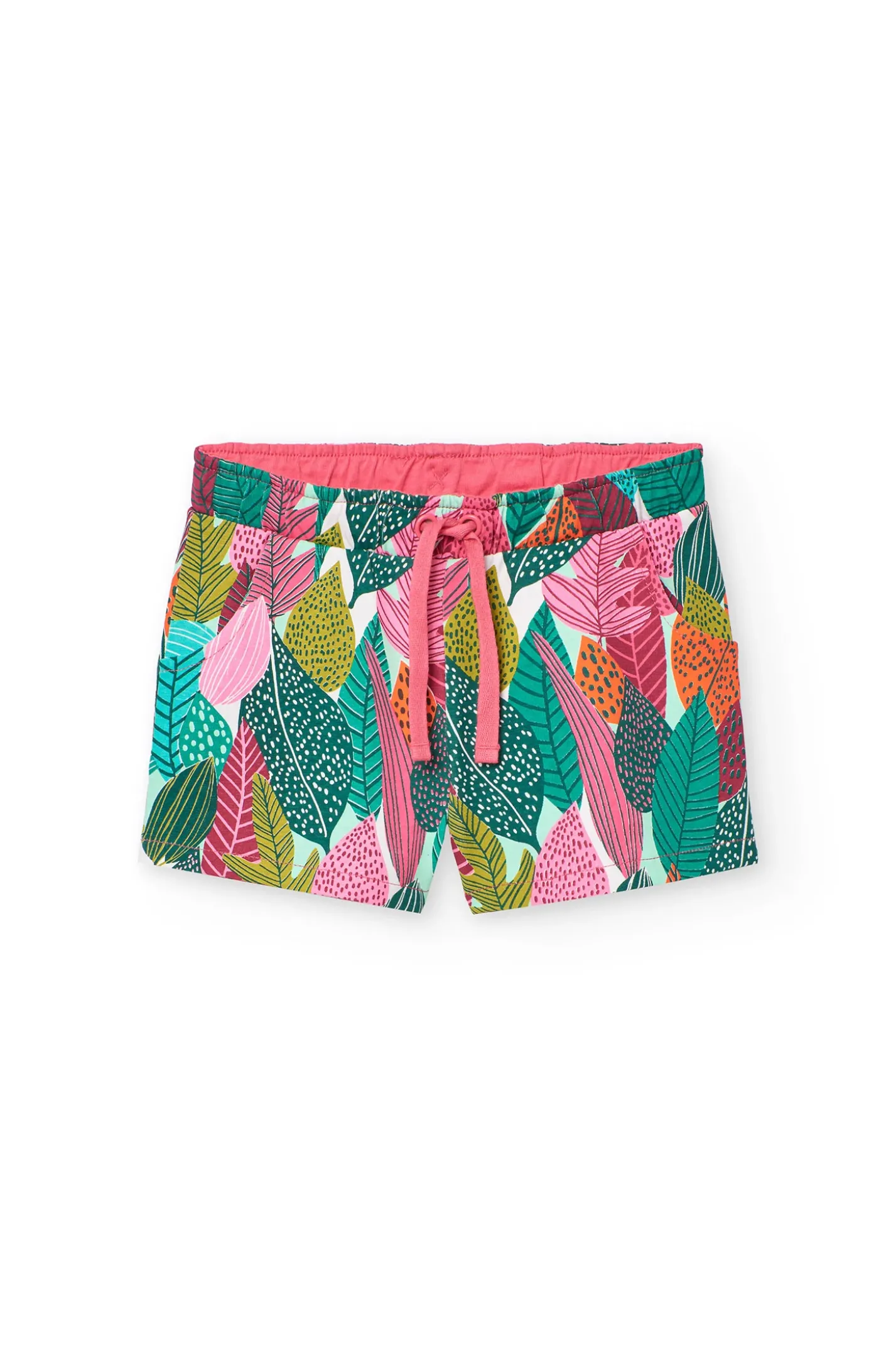 Bermuda a maglia per bambina con stampa di foglie in colore verde e rosa