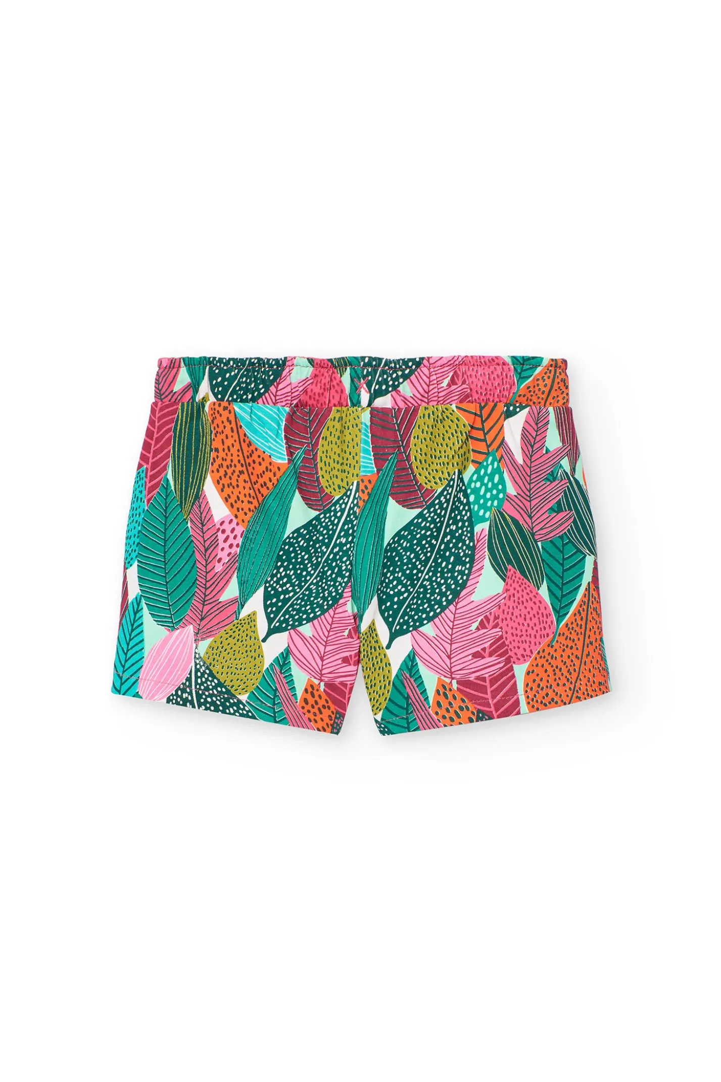 Bermuda a maglia per bambina con stampa di foglie in colore verde e rosa