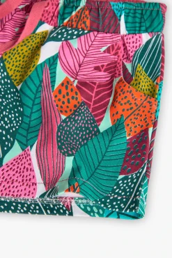 Bermuda a maglia per bambina con stampa di foglie in colore verde e rosa