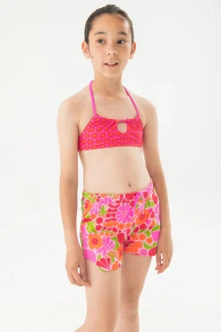Bermuda in maglia per bambina con stampa nei colori rosa e verde