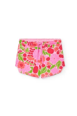 Bermuda in maglia per bambina con stampa nei colori rosa e verde