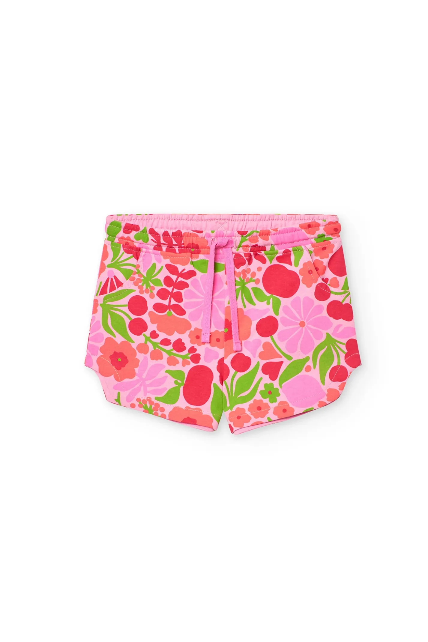 Bermuda in maglia per bambina con stampa nei colori rosa e verde