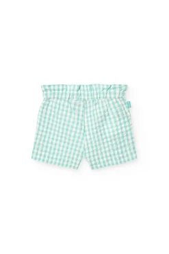 Bermuda in popeline per bambina verde con stampa a quadri.