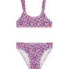 Bikini in poliammide per bambina con stampa floreale in rosso e blu