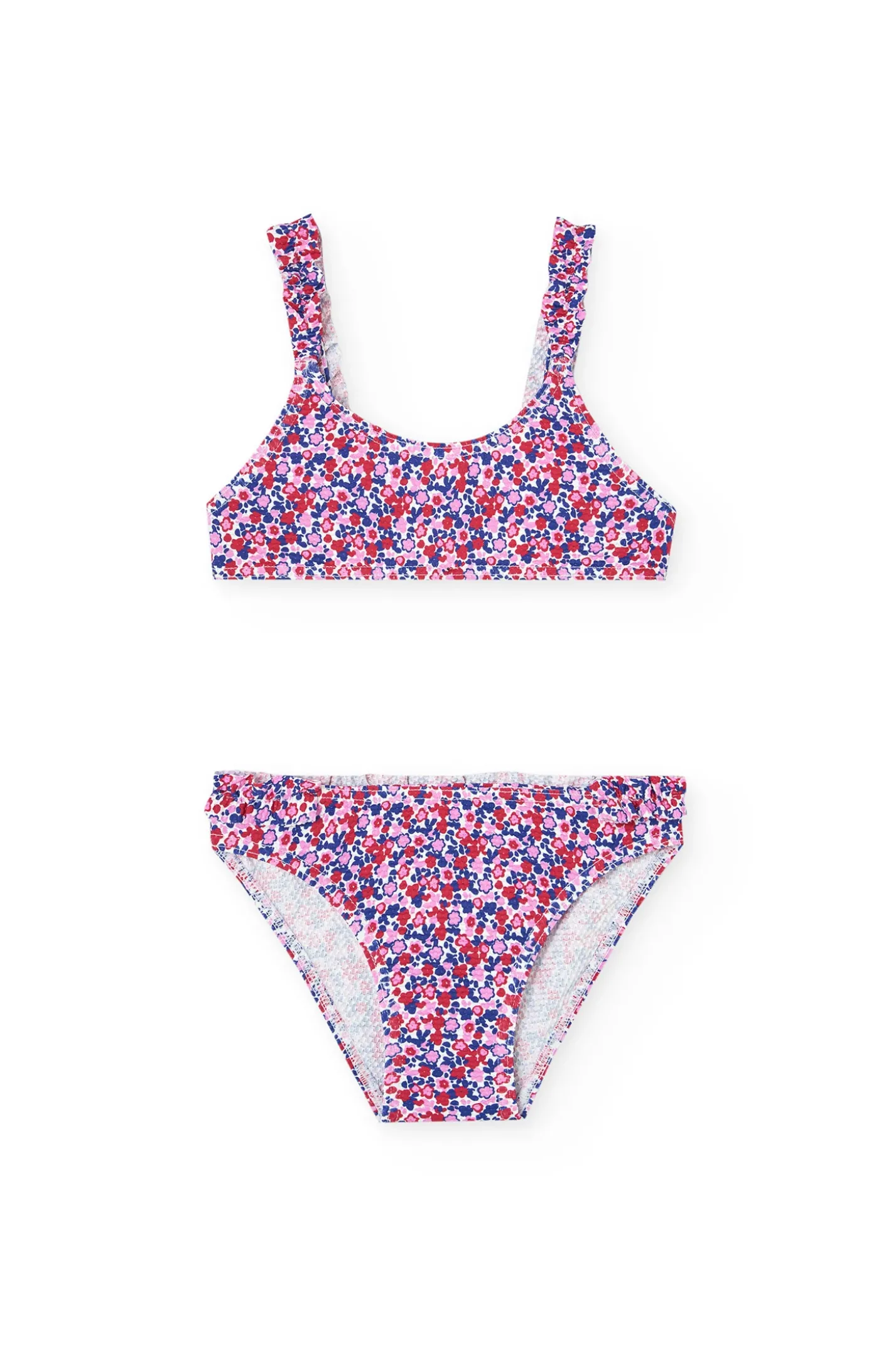 Bikini in poliammide per bambina con stampa floreale in rosso e blu