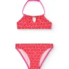 Bikini in poliammide per bambina con stampa floreale di colore rosa.