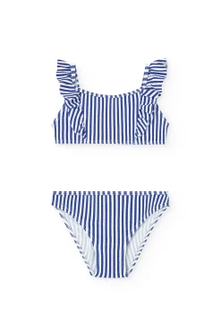Bikini in poliammide per bambina a righe bianche e blu