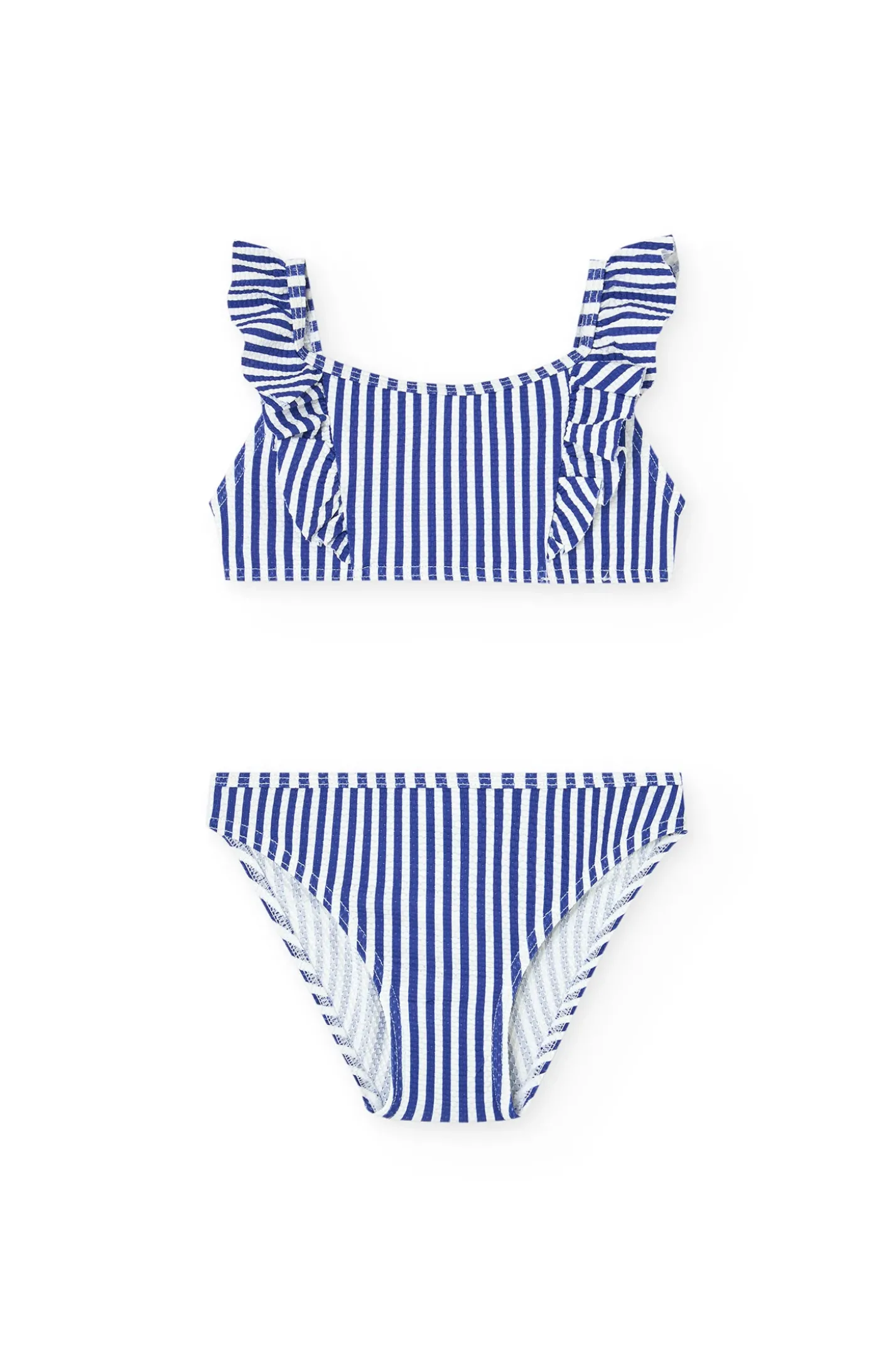 Bikini in poliammide per bambina a righe bianche e blu