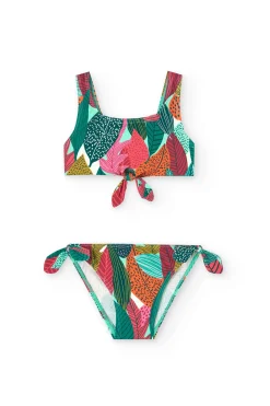 Bikini in poliammide per bambina con stampa di foglie