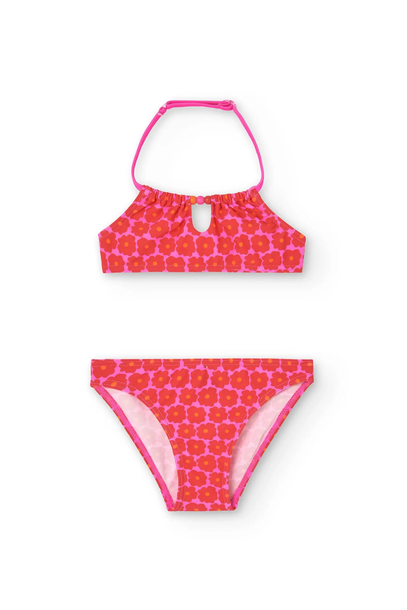 Bikini in poliammide per bambina con stampa floreale di colore rosa.