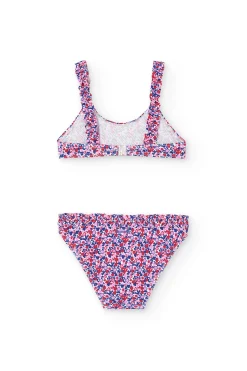 Bikini in poliammide per bambina con stampa floreale in rosso e blu