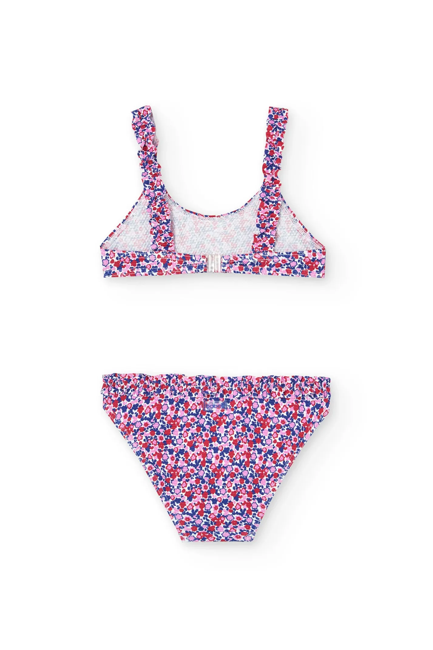 Bikini in poliammide per bambina con stampa floreale in rosso e blu