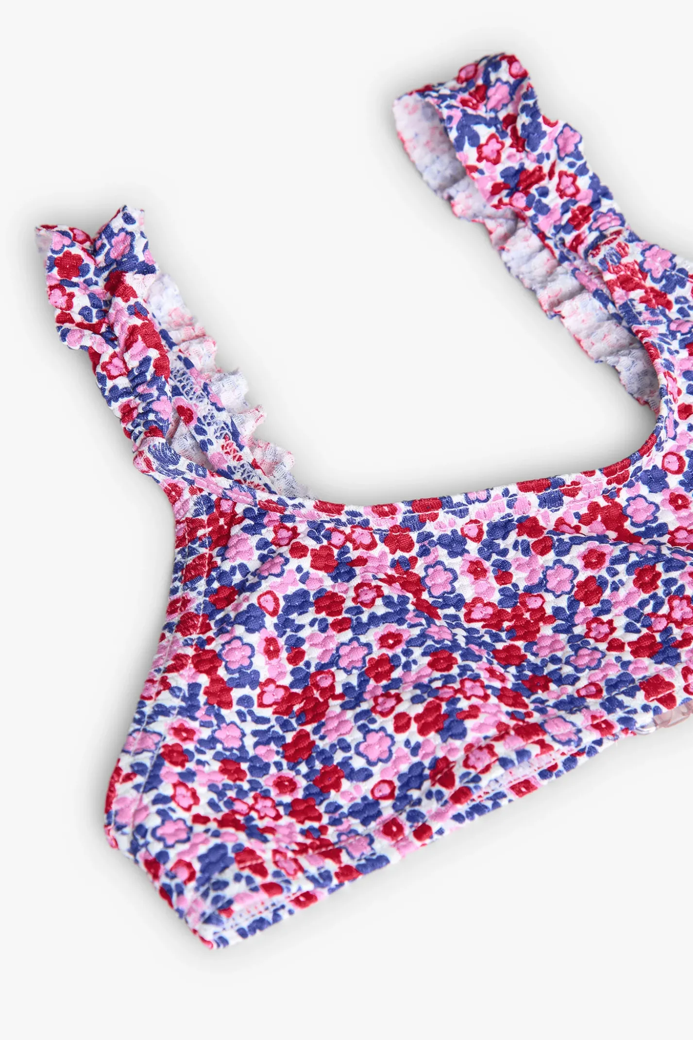 Bikini in poliammide per bambina con stampa floreale in rosso e blu