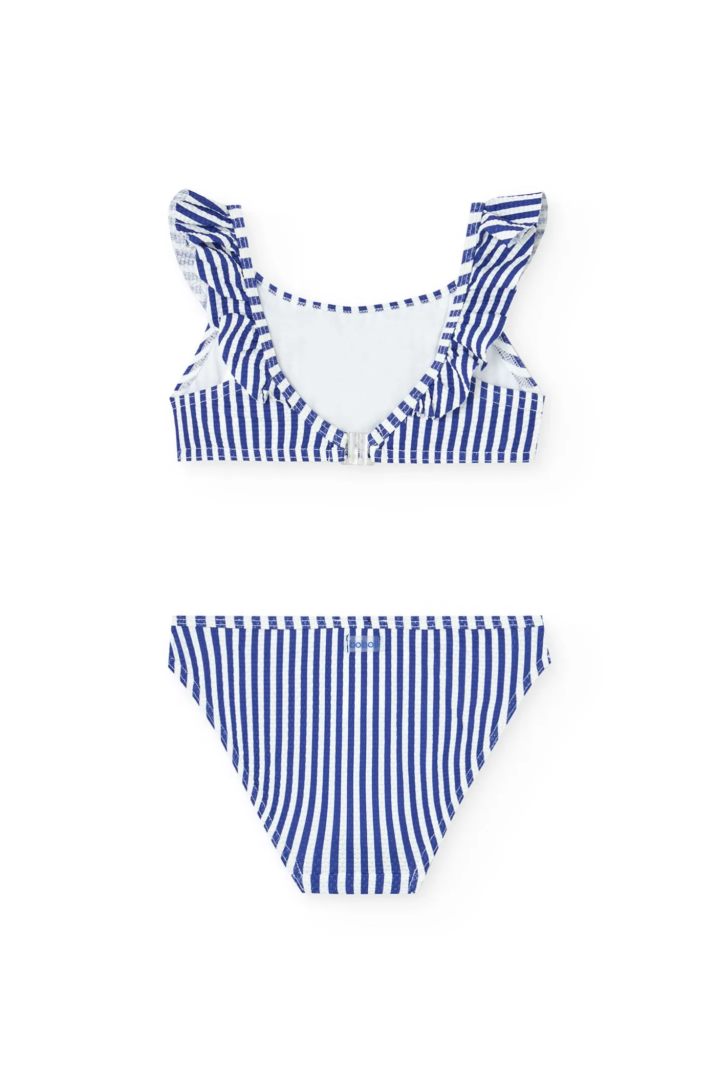 Bikini in poliammide per bambina a righe bianche e blu