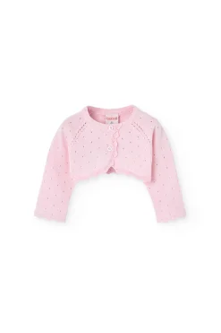 Bolero in maglia per neonata di colore rosa.