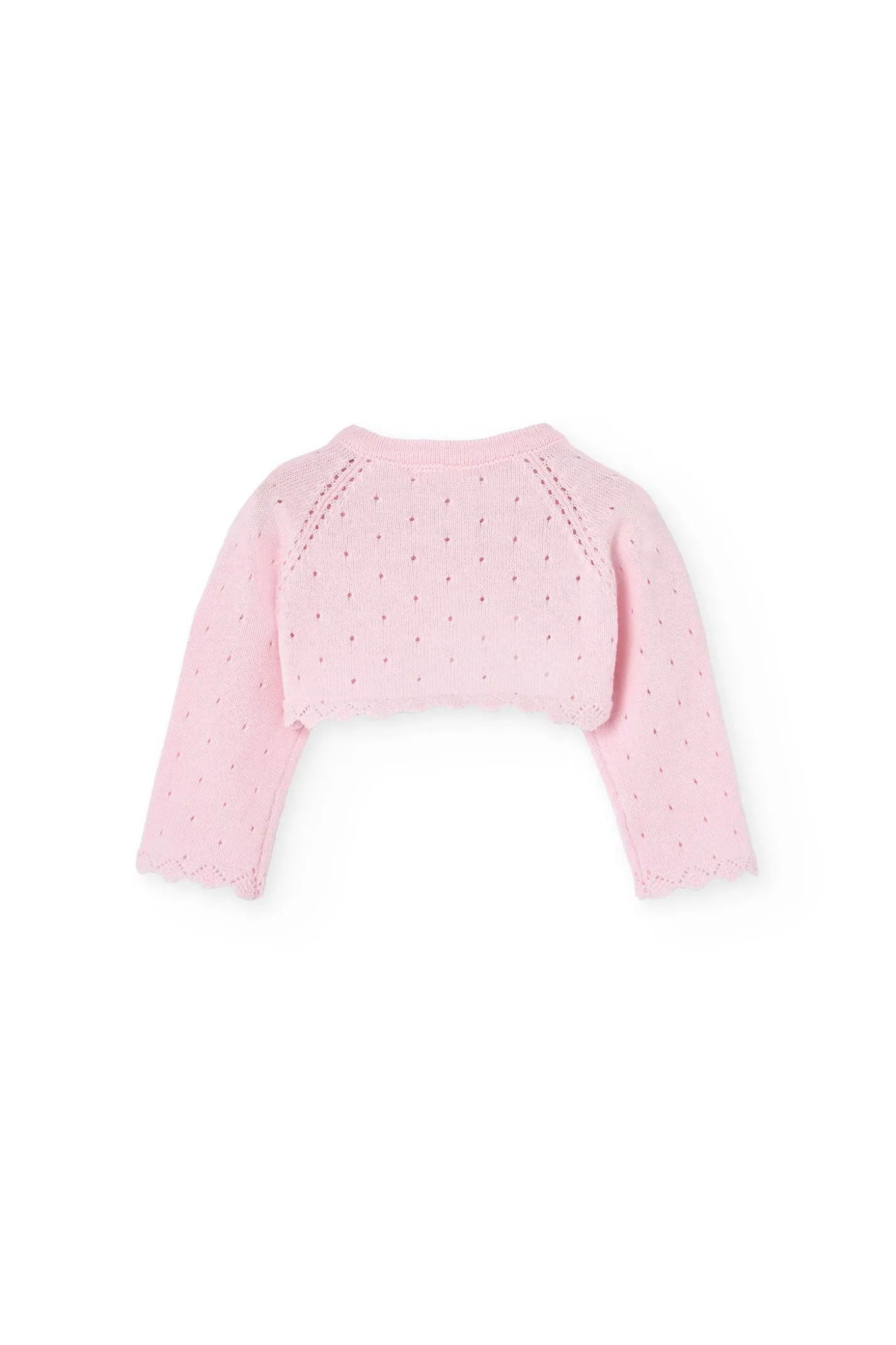 Bolero in maglia per neonata di colore rosa.