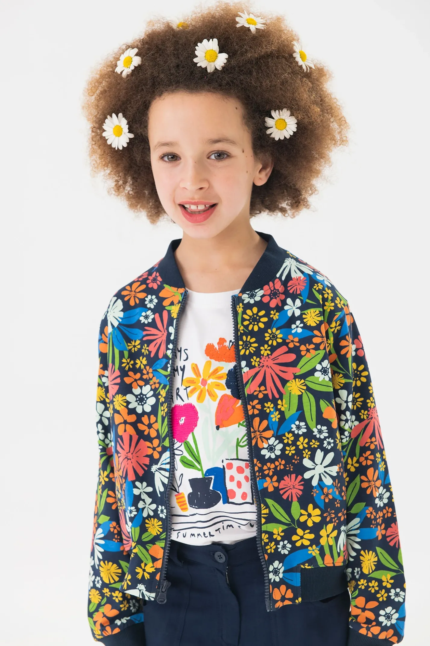 Bomber in maglia per bambina con stampa floreale