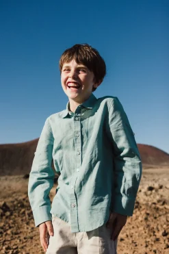Camicia di lino per bambino in colore verde a maniche lunghe