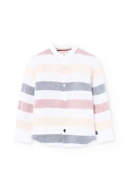 Camicia di lino per bambino in colore bianco con design a righe multicolore