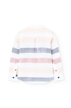 Camicia di lino per bambino in colore bianco con design a righe multicolore