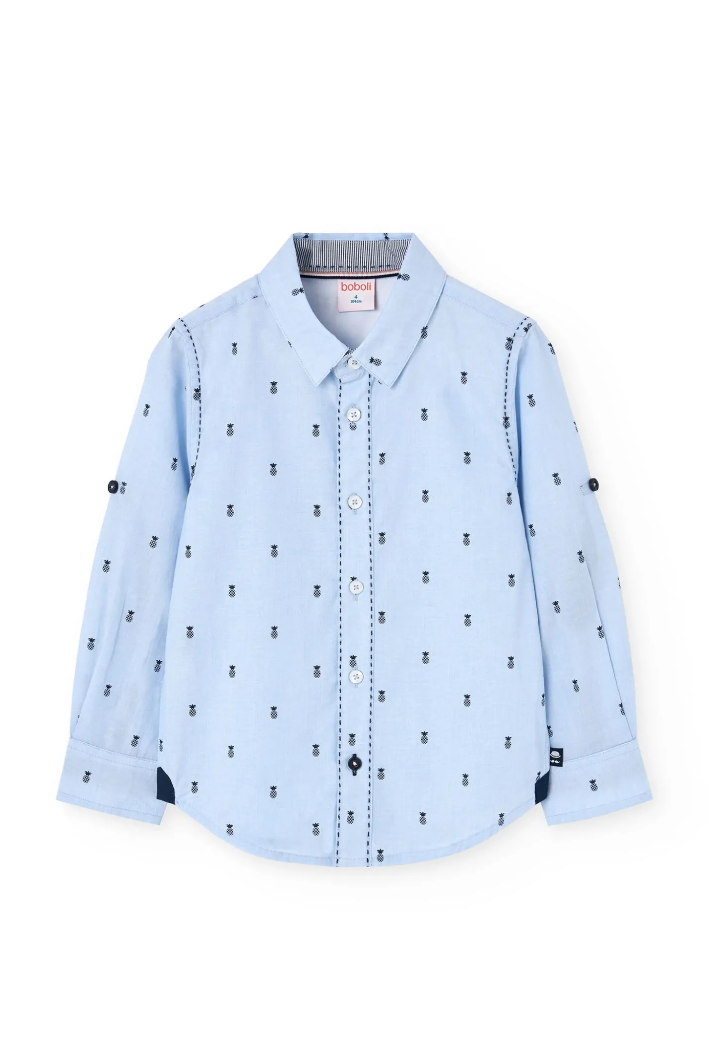 Camicia fil a fil per bambino con stampa in colore azzurro chiaro
