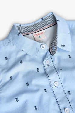 Camicia fil a fil per bambino con stampa in colore azzurro chiaro