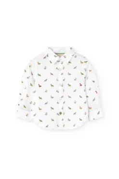Camicia in popeline per bambini stampata in colore bianco con motivo di dinosauri