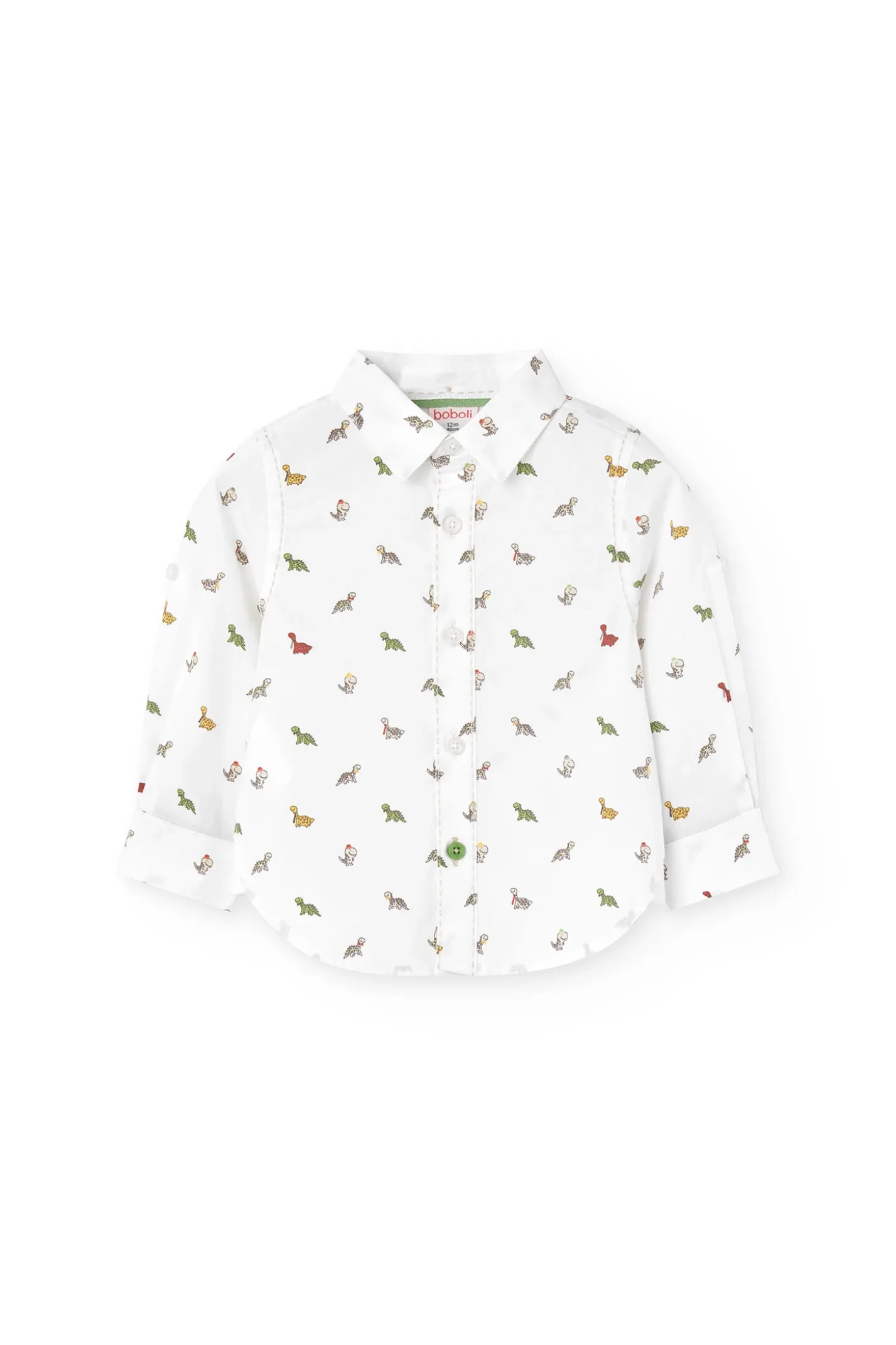 Camicia in popeline per bambini stampata in colore bianco con motivo di dinosauri