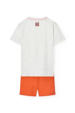 Completo a maglia con maglietta grigia e bermuda arancione per bambino.