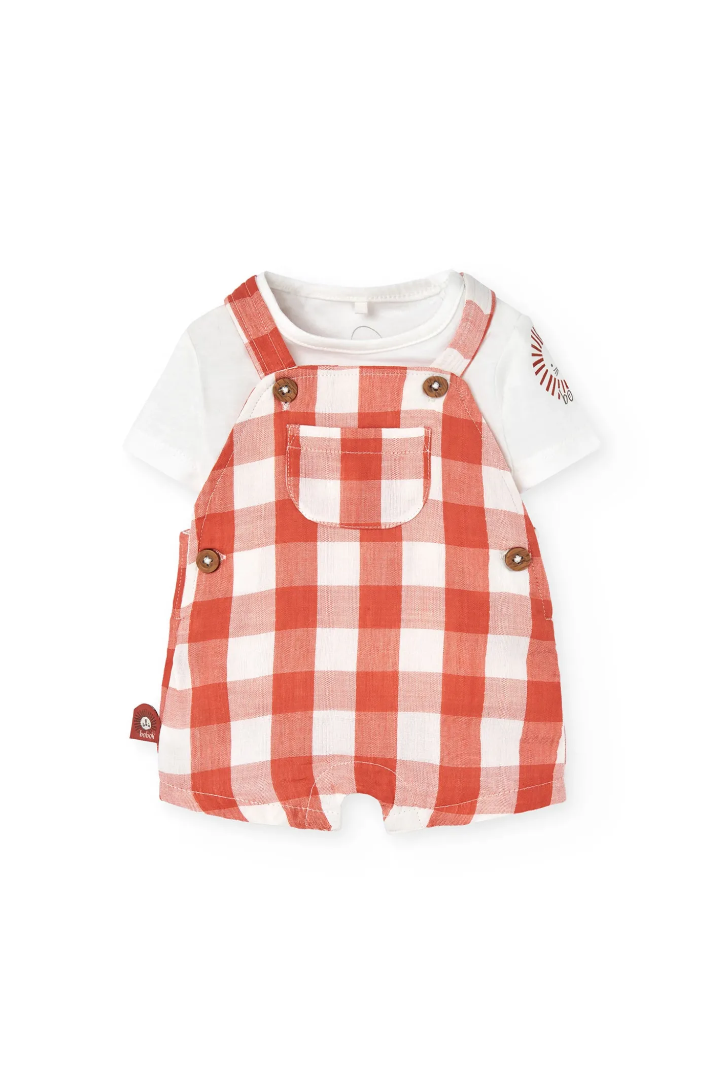 Completo coordinato in maglia per neonato in arancione e bianco con motivo a quadri.