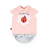 Completo coordinato in maglia per bambina in rosa con stampa di coccinella.