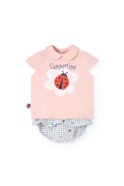 Completo coordinato in maglia per bambina in rosa con stampa di coccinella.