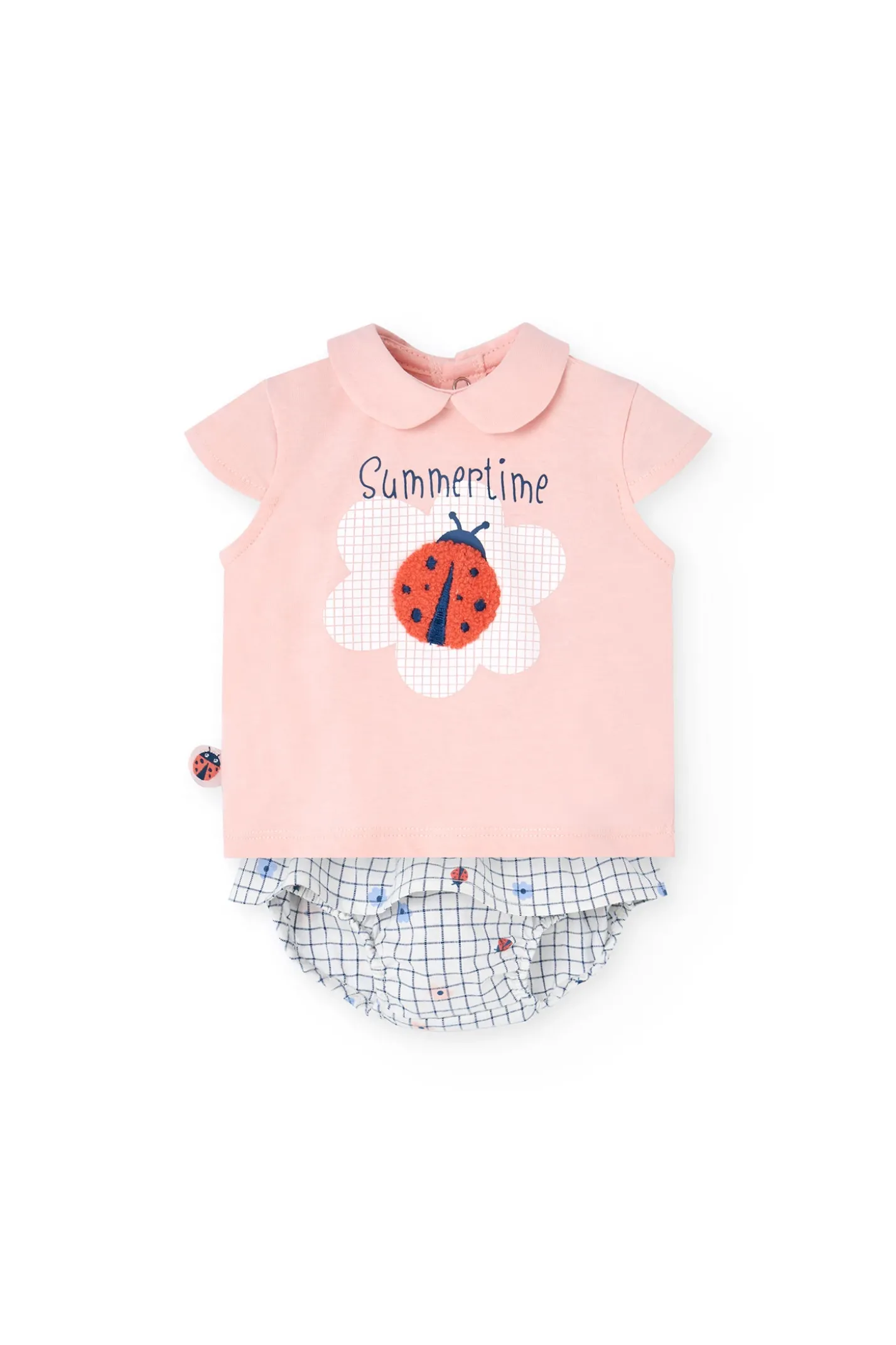 Completo coordinato in maglia per bambina in rosa con stampa di coccinella.