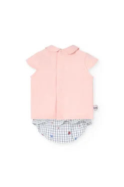 Completo coordinato in maglia per bambina in rosa con stampa di coccinella.