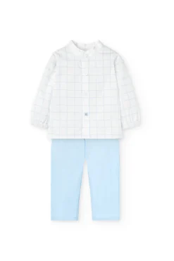 Completo di camicia a maglia per neonato di colore azzurro chiaro con motivo a quadri.