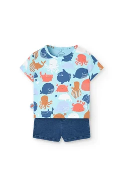 Completo di maglietta a maglia per neonato in colore blu con stampa