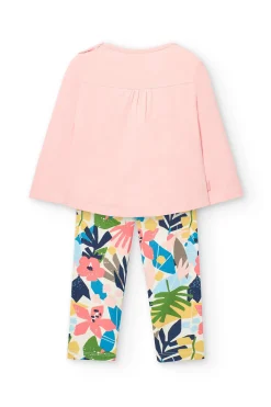 Completo di maglietta e leggings in maglia per bambina in rosa con stampa.