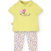 Completo di maglietta e pantalone a maglia per neonata in colore verde con stampa floreale.