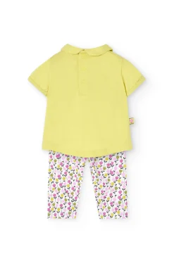Completo di maglietta e pantalone a maglia per neonata in colore verde con stampa floreale.