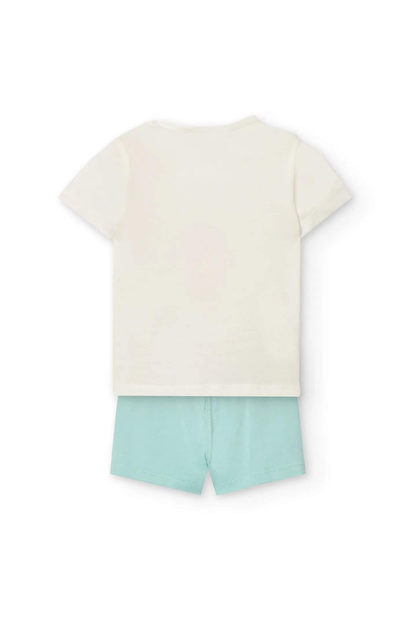 Completo di maglietta e pantaloncini a maglia per neonata di colore bianco.