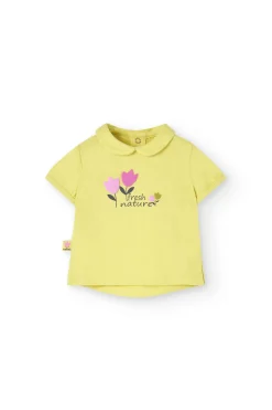 Completo di maglietta e pantalone a maglia per neonata in colore verde con stampa floreale.