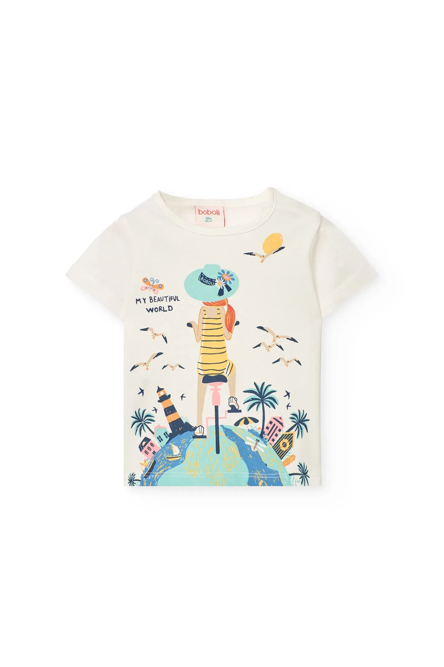 Completo di maglietta e pantaloncini a maglia per neonata di colore bianco.