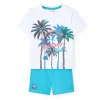 Completo in maglia per neonato di colore bianco con stampa e pantaloncini di colore blu.