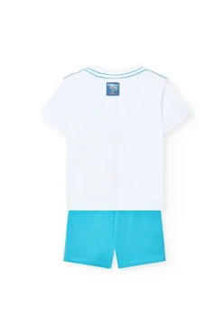 Completo in maglia per neonato di colore bianco con stampa e pantaloncini di colore blu.